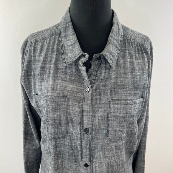 FREE PEOPLE Gray Cotton Long Sleeve Button Down Laser Cut Back Blouse Size L - Picture 2 of 9